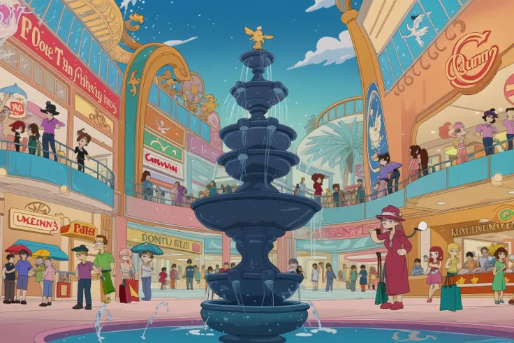 cartoon, shopping mall, people, one water fountain, highest quality, masterpiece, 8k uhd  <lora:simpsons:1>