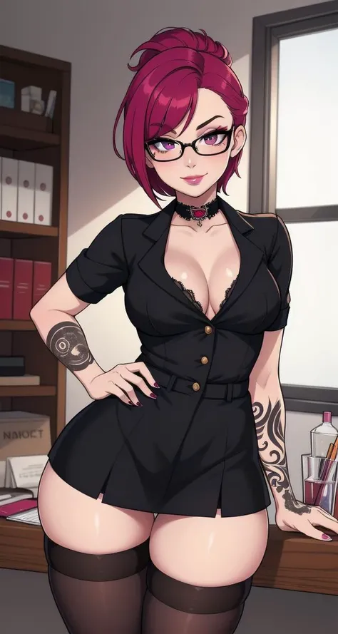 masterpiece, best quality, 1girl, woman, Anna Bell Peaks, hairstyle, eyes, lips, makeup, thick eyeliner, subtle smile, goth, punk, tattoos, office, secretary, glasses, uniform, stockings, small breasts, sexy, hot, alluring