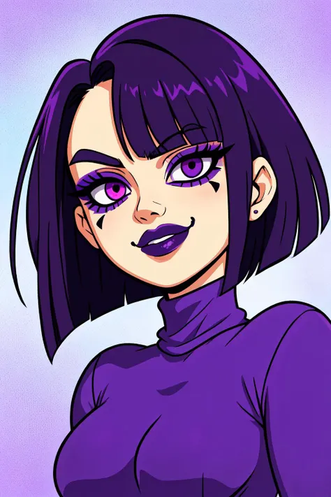 goth girl [Chloe Grace Moretz|Jenna Ortega|Christina Ricci], goth, ((straight bobbed hair with bangs)), bright purple hair, (purple eye shadow:1.2), dark grey eyes, (purple turtleneck t-shirt, dark purple jeans) smirking clapping slowly, extremely detailed background, extremely detailed face capturing every feature, dark, Magic Realism