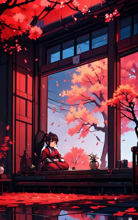 masterpiece, best quality, 8k, 1girl, upper body, cherry blossoms, east asian architecture, petals, potted plant, reflection, red flower, water, chinese clothes, wide shot, autumn leaves <lora:indoor_20230827164629:1>,