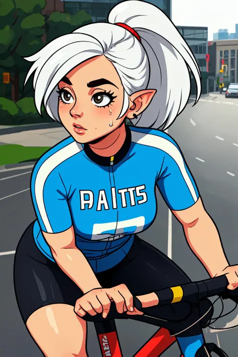 candid, gnome young Female messenger, white hair in ponytail, no make up, natural complexion, pointed ear tips, natural eyebrows, cycling jersey, leggings, bicycle shorts, wicking shirt, satchel, Sharp focus, realistic details, detailed fingers, perspiration, modern downtown setting, urban setting, natural lighting, deep shadows