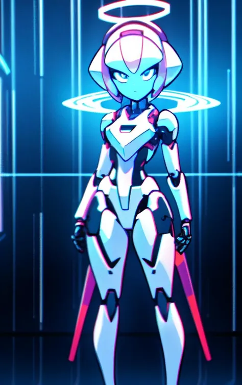 Arcana, 1girl, android, full body, halo, joints, looking at viewer, mecha musume, mechanical parts, robot joints, science fiction, solo, standing, chromatic aberration hair <lora:Arcana_SD15:0.8>,