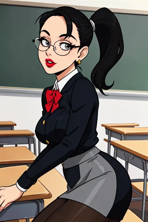 (best quality, masterpiece, perfect face, beautiful and aesthetic:1.2, colorful, dynamic angle, highest detailed face) buxom woman, stern teacher, glasses, black hair, high ponytail, red lipstick, high collared black and grey blouse, black tight pencil skirt, panty hose, classroom, (official art, extreme detailed, highest detailed)