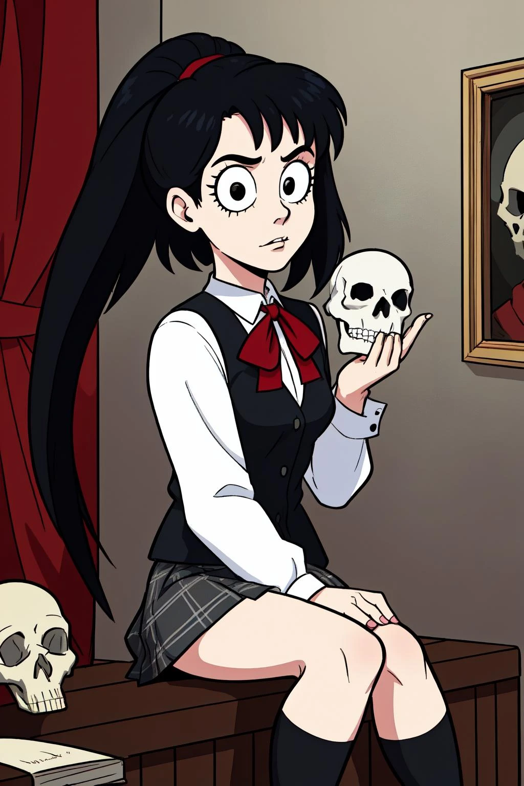 (Natural, organic, candid verité)
(best quality, 8k digital cartoon, masterpiece, perfect face), A -adothic girl living in a spooky house waits for you to tell you tales of mystery and horror. She lives in the spooky house with her pet raven and together they go on adventures. The girl wears a plaid skirt, white knee high socks, a red vest and a white shirt, her black hair is in a pony tail held in a ribbon with a skull-shaped bead, macabre atmosphere, palette [voilet|red|black|grey|white] 
(In the style of George Tooker, Paul Cadmus, Jared French), (Slice of life, semi-fantastic, dramatically mundane)
