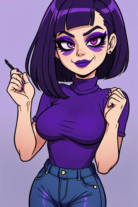 goth girl [Chloe Grace Moretz|Jenna Ortega|Christina Ricci], goth, ((straight bobbed hair with bangs)), bright purple hair, (purple eye shadow:1.2), dark grey eyes, (purple turtleneck t-shirt, dark purple jeans) smirking clapping slowly, extremely detailed background, extremely detailed face capturing every feature, dark, Magic Realism