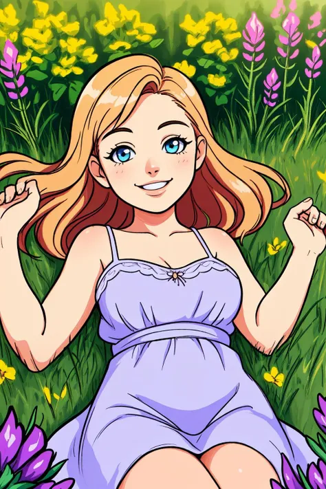 a field of lavender, early summer, a young woman with strawberry blonde hair, pale blue sundress, on her back on the ground surrounded by lavender, flirting, smiling softly, glancing at viewer, digital painting, Magic realism, hyper realism, official art, dynamic angle, hdr, highest detail], Summer color palette, soft light, natural light