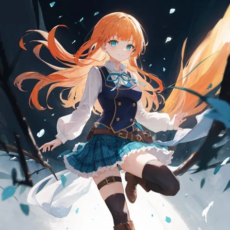 extremely delicate and beautiful, masterpiece, (Depth of field:1.2), slightly smile, 1Girl, solo, <lora:Anne:0.7>, blunt bangs, green eyes, orange hair, very long hair, medium breasts, blue eyes, brown hair, aqua eyes, blonde hair, brown footwear, pleated and frilled blue plaid skirt, blue neck ribbon, collared white dress shirt, school uniform, lace-up knee boots, cross-laced footwear, black thighhighs under boots, thigh strap, black blue vest, puffy long sleeves, zettai ryouiki, belt, buttons