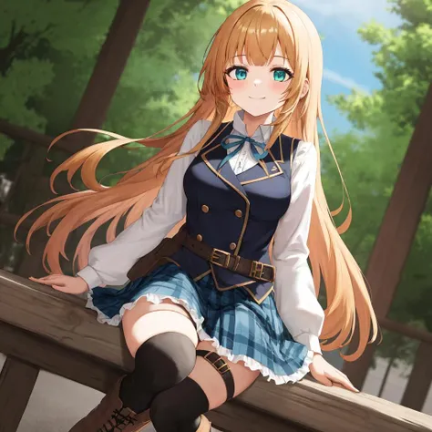 extremely delicate and beautiful, masterpiece, (Depth of field:1.2), slightly smile, 1Girl, solo, <lora:Anne:0.7>, blunt bangs, green eyes, orange hair, very long hair, medium breasts, blue eyes, brown hair, aqua eyes, blonde hair, brown footwear, pleated and frilled blue plaid skirt, blue neck ribbon, collared white dress shirt, school uniform, lace-up knee boots, cross-laced footwear, black thighhighs under boots, thigh strap, black blue vest, puffy long sleeves, zettai ryouiki, belt, buttons