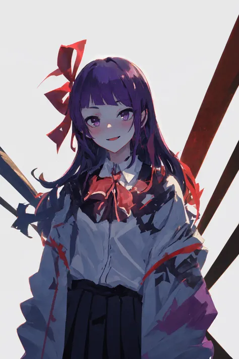 tanaka mamimi, <lora:tanaka mamimi:1>1girl, bangs, blazer, blush, closed_mouth, diagonal_bangs, eyebrows_visible_through_hair, jacket, long_hair, long_sleeves, open_clothes, open_jacket, purple_eyes, purple_hair, red_ribbon, ribbon, school_uniform, shirt, simple_background, smile, solo, upper_body, white_background, white_shirt