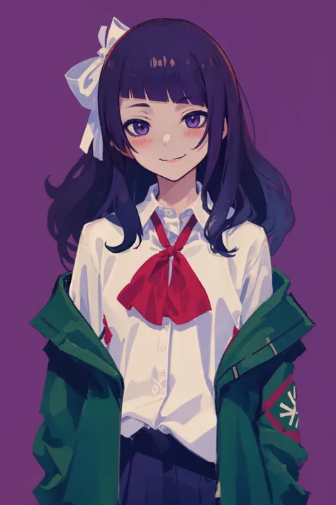 tanaka mamimi, <lora:tanaka mamimi:1>1girl, bangs, blazer, blush, closed_mouth, diagonal_bangs, eyebrows_visible_through_hair, jacket, long_hair, long_sleeves, open_clothes, open_jacket, purple_eyes, purple_hair, red_ribbon, ribbon, school_uniform, shirt, simple_background, smile, solo, upper_body, white_shirt