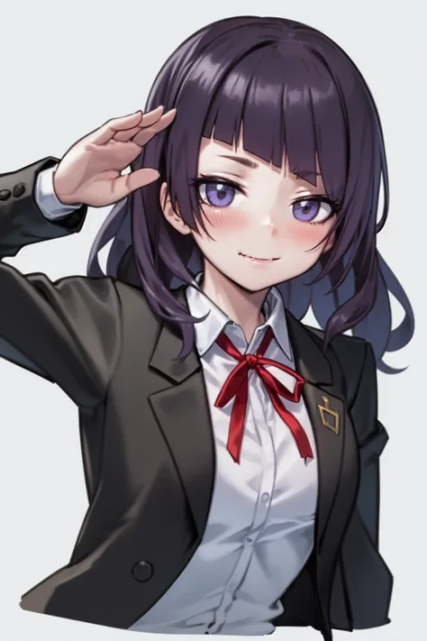 tanaka mamimi, <lora:tanaka mamimi:1>1girl, bangs, blazer, blush, closed_mouth, diagonal_bangs, eyebrows_visible_through_hair, jacket, long_hair, long_sleeves, open_clothes, open_jacket, purple_eyes, purple_hair, red_ribbon, ribbon, school_uniform, shirt, simple_background, smile, solo, tanaka_mamimi, upper_body, white_background, white_shirt