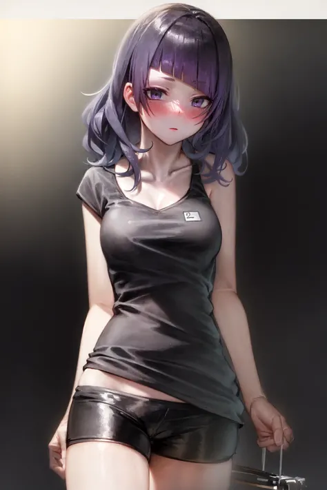 tanaka mamimi, <lora:tanaka mamimi:1>1girl, bangs, bike_shorts, black_shorts, blunt_bangs, blush, breasts, collarbone, cowboy_shot, eyebrows_visible_through_hair, gradient, gradient_background, long_hair, looking_at_viewer, purple_eyes, purple_hair, shirt, short_shorts, shorts, solo