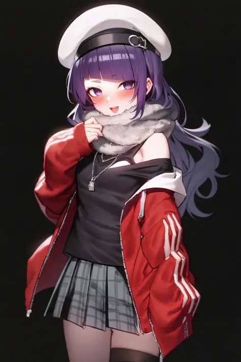 tanaka mamimi, <lora:tanaka mamimi:1>1girl, solo, purple hair, hat, diagonal bangs, purple eyes, skirt, thighhighs, bangs, white background, jacket, beret, looking at viewer, simple background, black skirt, off shoulder, shirt, red headwear, long hair, sleeves past wrists, long sleeves, open mouth, smile, grey shirt, blush, twitter username, scarf, plaid, pleated skirt, breasts, jewelry, bare shoulders, plaid jacket
