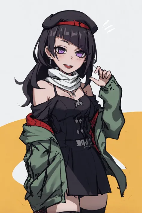 tanaka mamimi, <lora:tanaka mamimi:1>1girl, solo, purple hair, hat, diagonal bangs, purple eyes, skirt, thighhighs, bangs, white background, jacket, beret, looking at viewer, simple background, black skirt, off shoulder, shirt, red headwear, long hair, sleeves past wrists, long sleeves, open mouth, smile, grey shirt, blush, twitter username, scarf, plaid, pleated skirt, breasts, jewelry, bare shoulders, plaid jacket