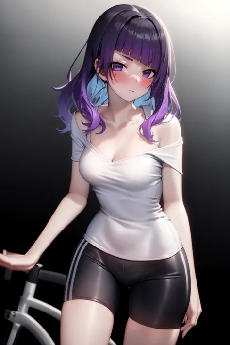 tanaka mamimi, <lora:tanaka mamimi:1>1girl, bangs, bike_shorts, black_shorts, blunt_bangs, blush, breasts, collarbone, cowboy_shot, eyebrows_visible_through_hair, gradient, gradient_background, long_hair, looking_at_viewer, purple_eyes, purple_hair, shirt, short_shorts, shorts, solo