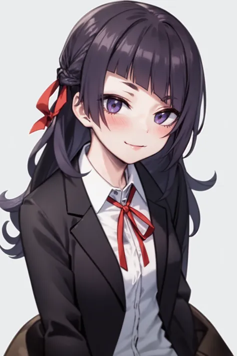 tanaka mamimi, <lora:tanaka mamimi:1>1girl, bangs, blazer, blush, closed_mouth, diagonal_bangs, eyebrows_visible_through_hair, jacket, long_hair, long_sleeves, open_clothes, open_jacket, purple_eyes, purple_hair, red_ribbon, ribbon, school_uniform, shirt, simple_background, smile, solo,  upper_body, white_background, white_shirt