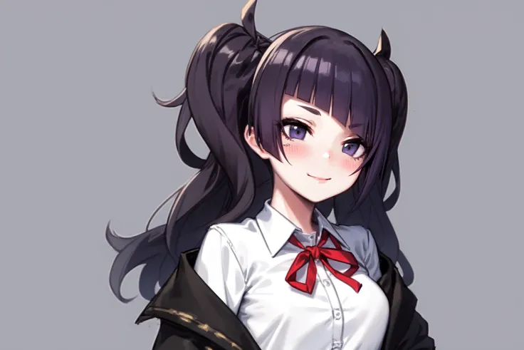 tanaka mamimi, <lora:tanaka mamimi:1>1girl, bangs, blazer, blush, closed_mouth, diagonal_bangs, eyebrows_visible_through_hair, jacket, long_hair, long_sleeves, open_clothes, open_jacket, purple_eyes, purple_hair, red_ribbon, ribbon, school_uniform, shirt, simple_background, smile, solo, upper_body, white_background, white_shirt