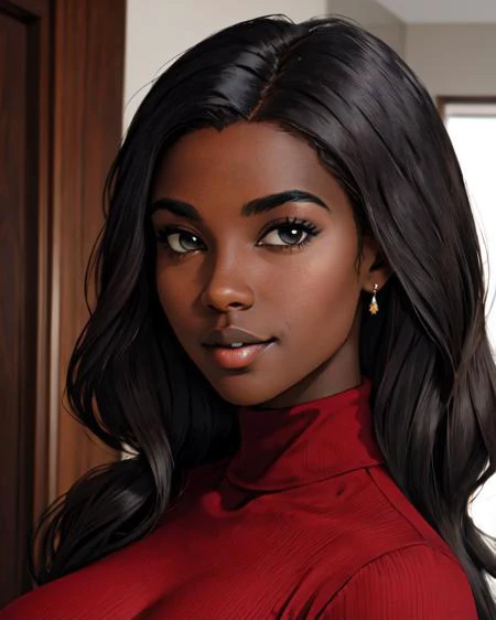 masterpiece, best quality, aamari, a woman posing for a picture, very dark skin, turtleneck dress, very large breasts, upper body, indoors