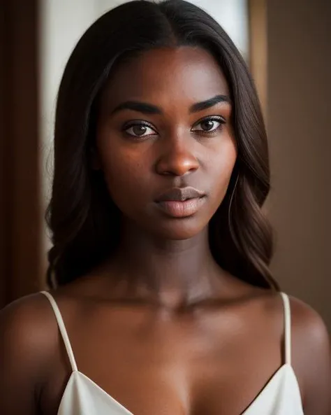 film grain, photographed with a Sony a9 II Mirrorless Camera, analog style, beautiful, masterpiece, best quality, aamari, a woman with elegant dress is looking at the camera, very dark skin, extremely detailed face, bust shot, perfect lighting