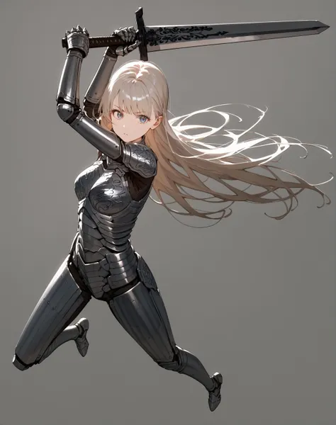 best quality, masterpiece, score_9, score_8_up, score_7_up, source_anime, rating_safe,
1boy, girl, solo, adult, long hair, hair bangs, bangs, long bangs, flowing hair, action pose, wielding, greatsword, metal greatsword, simple greatsword, grabbing sword, knight armor, body armor, gauntlets,
no background, white background, photoshoot,