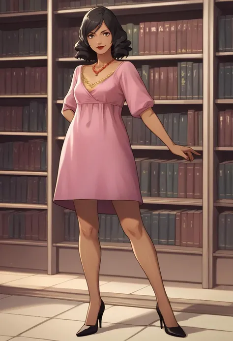 score_9, score_8_up, score_7_up, source_anime, 1girl, smile, looking at viewer, <lora:zs_ChounoXL:1> chounop5, black hair, medium hair, brown eyes, pink dress, necklace, dark skin, lipstick, library, high heels