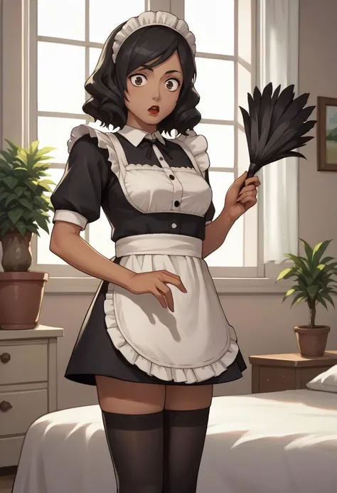 score_9, score_8_up, score_7_up, 2D, EchoSaber, Sadayo Kawakami, 1girl, solo, persona, black hair, swept bangs, brown eyes, looking at viewer, indoors, standing, maid uniform, dress, maid hairband, twintails, white thigh highs, half-closed eyes,  smirk, smug, closed mouth, lip gloss, from behind, dress lift with one hand, lifted by self, hand on own ass, black lace panties <lora:EchoSaberSDXL:1> <lora:Smooth Style 2 SDXL_LoRA_Pony Diffusion V6 XL:0.8>