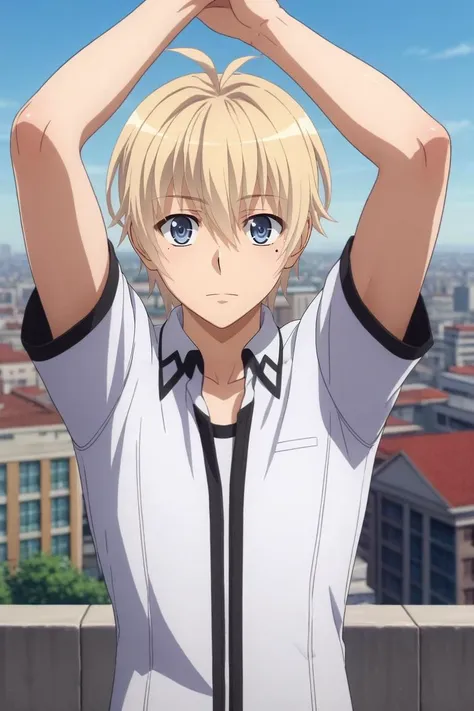 score_9, score_8_up, score_7_up, source_anime, rating_safe, , (3d:0.4), , , 1boy, solo, male focus, <lora:yuuto_kiba_pony:1>, yuuto_kiba, blonde hair, blue eyes, short hair, hair between eyes, mole, mole under eye, high school dxd hero, asymmetrical, rooftop, tokyo \(city\), building, skyscraper, noon, arms above head, relaxed, , <lora:sdxl_lightning_8step_lora:1>