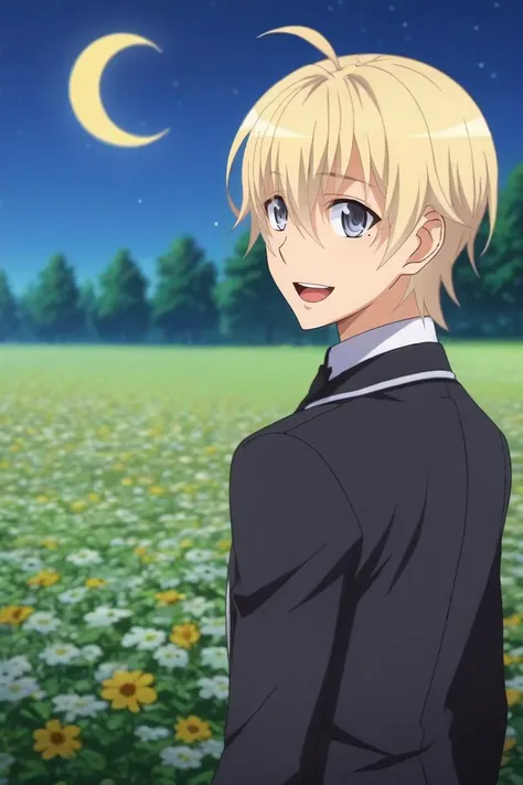 score_9, score_8_up, score_7_up, source_anime, rating_safe, intricate details, anime screencap, anime coloring, , , depth of field, 1boy, solo, male focus, <lora:yuuto_kiba_pony:0.9>, yuuto_kiba, blonde hair, grey eyes, high school dxd hero, short hair, hair between eyes, mole, mole under eye, straight-on, flower field, flowers, night, crescent moon, ass, laughing, swashbuckler costume, <lora:sdxl_lightning_8step_lora:1>