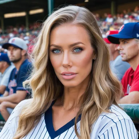 a photo of nicole aniston, n1cole, at a baseball game, pale, best quality, fine details, detailed skin <lora:nicoleanistonv2_SDXL:0.8>
