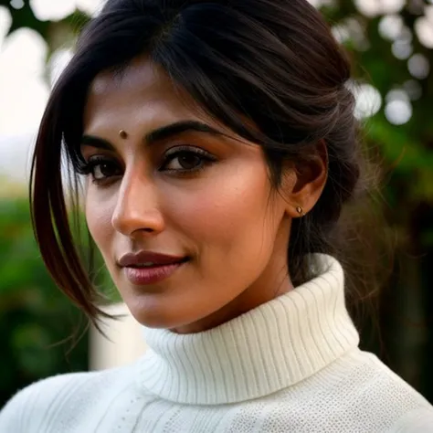 headshot portrait photo of csingh, 30-year-old, skindentation, white turtleneck, skindentation, natural skin color, greenery bokeh <lyco:csingh_LoCon_regs:1>,
