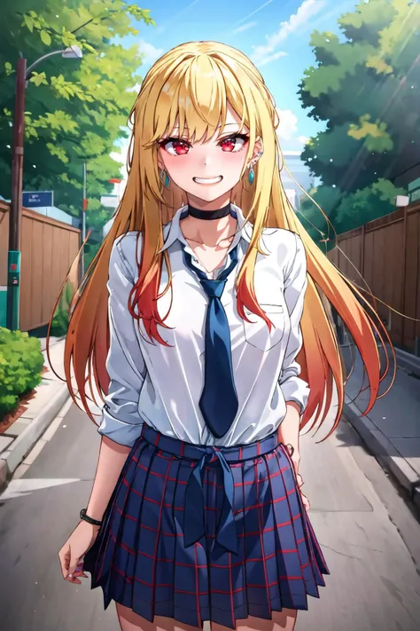 masterpiece, best quality, highres, kitagawa marin, 1girl, blonde hair, long hair, multicolored hair, red eyes, jewelry, earrings, piercing, school uniform, white shirt, tied shirt, black choker, blue necktie, plaid skirt, <lora:kitagawa_marin_v1-1:0.7>, grin, smile, standing, cowboy shot, outdoors, <lora:5Danny-Style-000100:1>