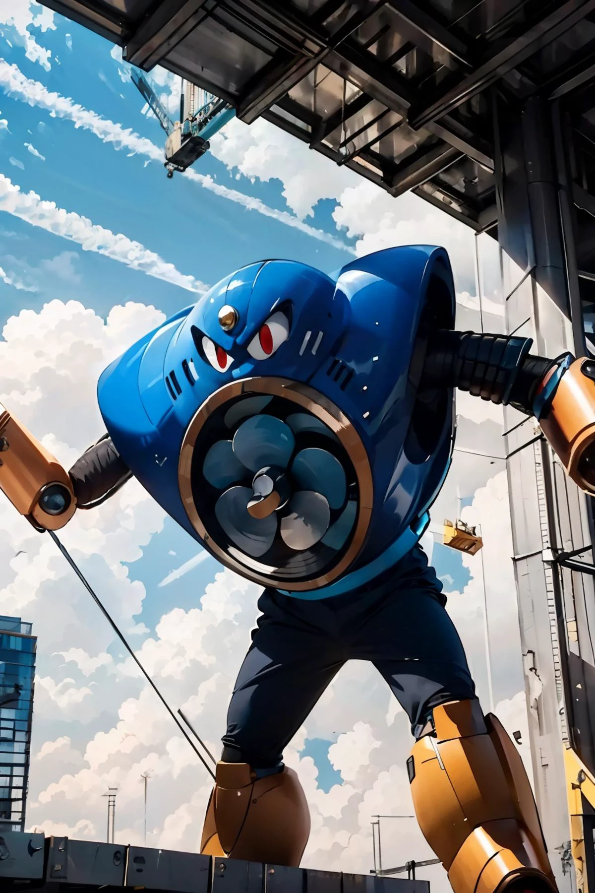 airman, standing , top of a construction crane, blue sky, from_below, bextreme detail, hdr, fantasy quality, <lora:airman:1>