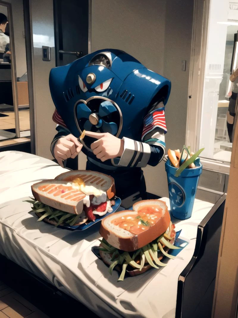 airman, bedroom, eating a tuna sandwich,
<lora:airman-000005:1>