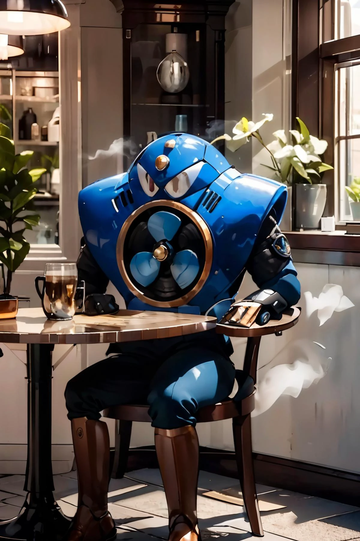 airman,sitting, interior of a pleasant cafe, drinking a steaming cup of coffee, playful ambaince, extreme detail, hdr, fantasy quality, <lora:airman:1>