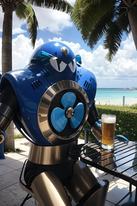 airman, robot, holding a glass of beer, outside, beach, palm trees, ocean, blue sky, extreme detail, hdr, fantasy quality, <lora:airman:1>