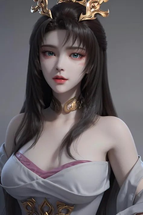 <lora:tianhuxianzi:1>,tianhuxianzi,1girl,solo,long hair,bare shoulders,blue eyes,simple background,brown hair,facepaint,facial mark,gold jewelry,hair ornament,mole under eye,black hair,upper body,parted lips,dress,looking to the side,green eyes,collar,choker,(grey background:1.2),, best quality , masterpiece, illustration, an extremely delicate and beautiful, extremely detailed ,CG,unity,8k wallpaper, Amazing, finely detail, masterpiece, best quality,official art,extremely detailed CG unity 8k wallpaper,absurdres, incredibly absurdres, huge filesize , ultra-detailed, highres, extremely detailed,beautiful detailed girl, extremely detailed eyes and face, beautiful detailed eyes,light on face,