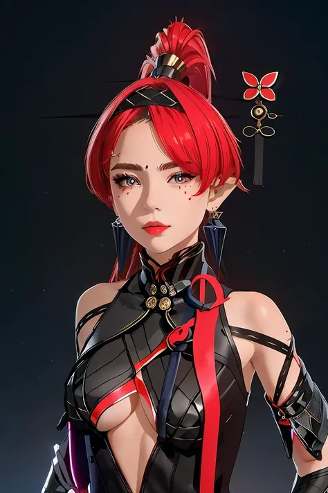 1girl, high res, highly detail, masterpiece, best quality, Yinlin, black dress, hairband, detached elbow gloves, hair stick ornament, earring, head to chest shot, looking at viewer