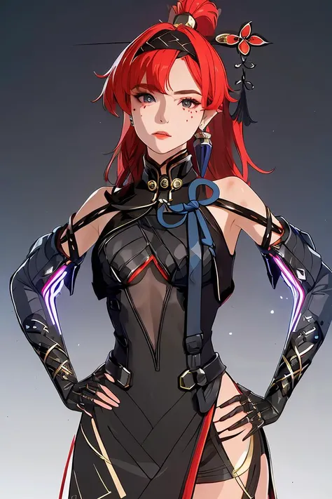 (masterpiece, best quality), 1girl, <lora:Yinlin17:1> YInlin, black dress, hairband, detached elbow gloves, hair stick ornament, earring,