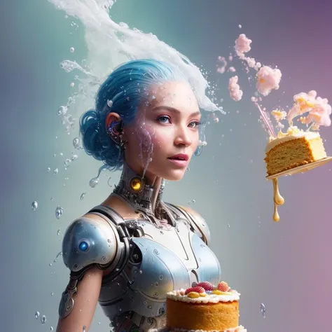 Perfect photo of gorgeous cyborg (anthropomorphic machine:1.22) holding a (dripping cake) in (greg rutkowski) style, medium format, fuji superia 400, iso 800, perfectly rendered, pastel color palette, perfect composition, (beautiful hair), smooth, hard focus, intricate details, cinematic, highly detailed ray traced shadows, 8 k, 1 6 k (FRUITFUSION:0.91) (BRTDRPP:0.14)( LIQUID SPLASH:1.3)