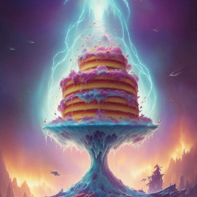 Jaw dropping image of a (sci-fi mothership) gushing with (dripping cake) by (greg rutkowski) style, medium format, fuji superia 600, iso 40,000, perfectly rendered, pastel color palette, perfect composition, (beautiful hair), smooth, hard focus, intricate details, cinematic, highly detailed ray traced shadows, 8 k, 1 6 k (FRUITFUSION:0.91):(BRTDRPP:0.14):(LIQUID SPLASH:0.8)