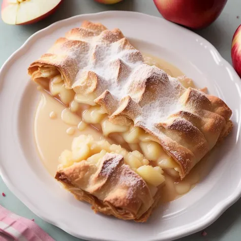 Perfect photo of <Apple Strudel> in (greg rutkowski) style, medium format, fuji superia 400, iso 800, perfectly rendered, pastel color palette, perfect composition, (beautiful hair), smooth, hard focus, intricate details, cinematic, highly detailed, 8 k, 1 6 k (FRUITFUSION:0.91) (BRTDRPP:1.34)( LIQUID SPLASH:0.4)