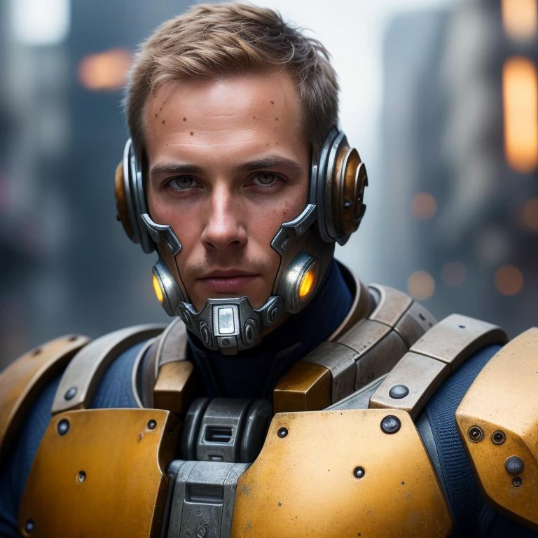Portrait photo of handsome man in a worn mech suit, ((light bokeh)), intricate, (steel metal [rust]), elegant, sharp focus, photo by greg rutkowski, soft lighting, vibrant colors, masterpiece, ((streets)), detailed face, 8 k, 1 6 k (FRUITFUSION:0.31):(BRTDRPP:0.14):(LIQUID SPLASH:1.2)