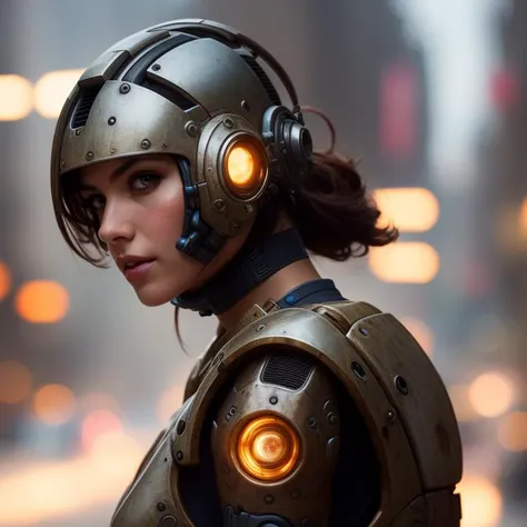 Portrait photo of sexy woman in a worn mech suit, ((light bokeh)), intricate, (steel metal [rust]), elegant, sharp focus, photo by greg rutkowski, soft lighting, vibrant colors, masterpiece, ((streets)), detailed face,8 k, 1 6 k (FRUITFUSION:0.31):(BRTDRPP:1.14)