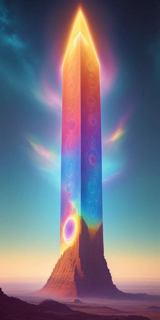 a perfect image of a photorealistic magical Rainbow monolith in space with mysterious alien symbols, deeply detailed, 64k, by Beeple, Beksinski, and Hsiao-Ron Cheng (FRUITFUSION:0.31):(BRTDRPP:0.14):(LIQUID SPLASH:1.2)