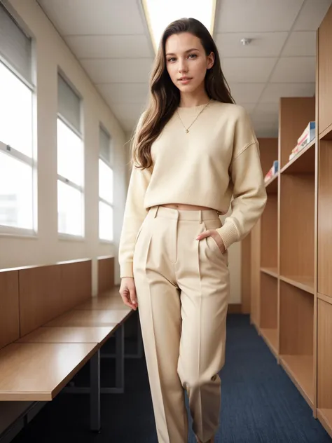 TrualityCampus_Monique, teacher wearing a soft beige fitted sweater, tailored trousers, ankle boots, elegant wristwatch, natural foundation, School Corridor, Wide passage with linoleum flooring, rows of lockers lining one wall, bulletin boards covered in colorful student artwork, fluorescent lighting overhead, benches for students to sit and chat between classes, perfect teeth, by Steve McCurry, 35mm, F/2.8, ((Photo Focus, DOF, Aperture, insanely detailed and intricate, hypermaximalist, beautiful, revealing, appealing, attractive, hyper realistic, super detailed)), <lora:sd_v15_dpo_lora_v1:0.8>
