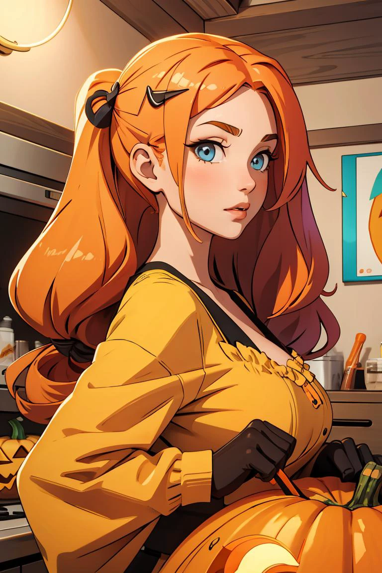 (masterpiece, best quality), 1girl, Pumpkin Half-Up Half-Down with Hair Clip, Size C breasts, <lora:ATB:0.8> atb
