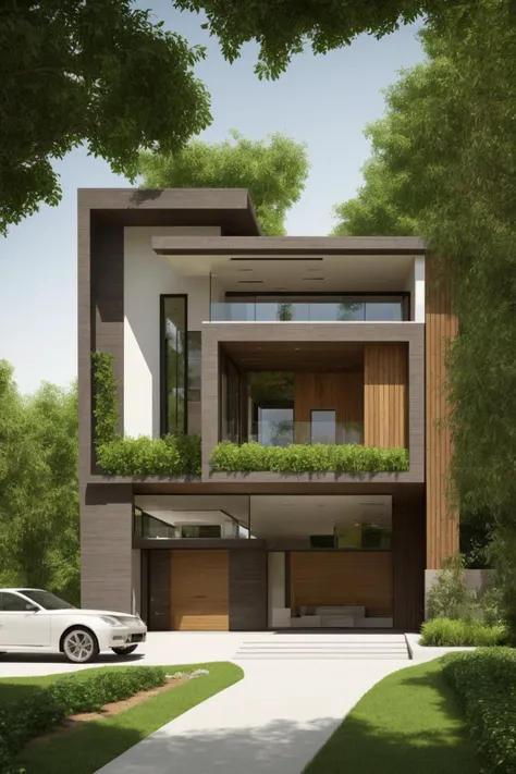 A modern street-facing house seamlessly integrates natural elements into its design. The architecture embodies an urban oasis concept, featuring a balcony adorned with lush greenery and a front yard that blends nature with the urban environment. Soft ambient lighting casts a warm and welcoming glow. Channeling the spirit of renowned architect Frank Lloyd Wright, this design showcases his signature organic architecture style. The medium for this artwork is an architectural blueprint rendered in high-definition 3D graphics, emphasizing every detail of the design. The color scheme primarily consists of earthy tones and various shades of green, enhancing the connection to nature
