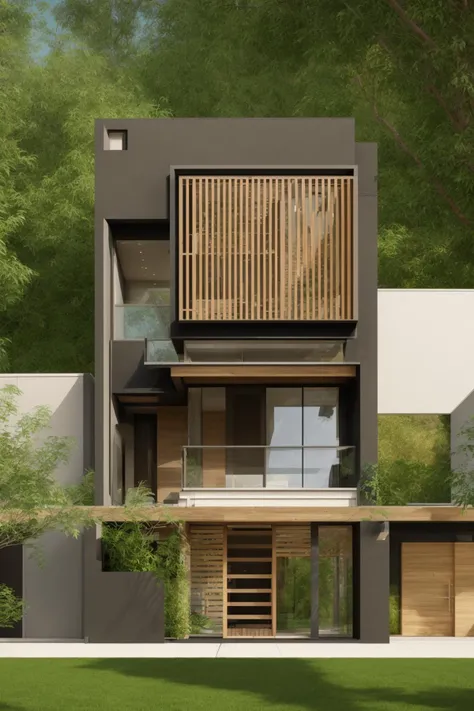 A modern street-facing house seamlessly integrates natural elements into its design. The architecture embodies an urban oasis concept, featuring a balcony adorned with lush greenery and a front yard that blends nature with the urban environment. Soft ambient lighting casts a warm and welcoming glow. Channeling the spirit of renowned architect Frank Lloyd Wright, this design showcases his signature organic architecture style. The medium for this artwork is an architectural blueprint rendered in high-definition 3D graphics, emphasizing every detail of the design. The color scheme primarily consists of earthy tones and various shades of green, enhancing the connection to nature
