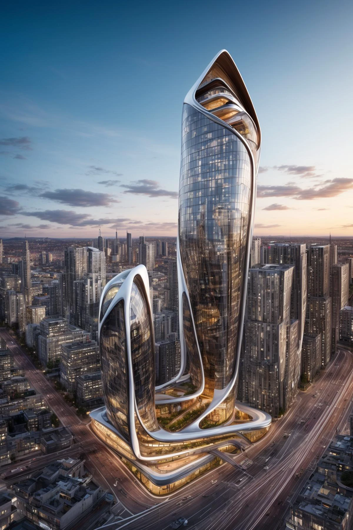 A futuristic and stunningly beautiful high-rise shopping center architectural structure with bold, futuristic design elements, blending seamlessly into the art form of digital illustration. Inspired by the works of Syd Mead. The scene showcases the center amidst a bustling city, its sleek lines contrasting with the urban environment. A warm color temperature adds vibrancy, highlighting the architectural details. Shoppers and visitors exhibit expressions of awe and excitement. Illuminated by soft, diffused lighting, the atmosphere exudes sophistication and promise of tomorrow
(masterpiece),(high quality), best quality, real,(realistic), super detailed, (full detail),(4k),8k,no humans, scenery, building, ((500-meter tall buildings)),outdoors, window, road, sky, street, lamppost, tree, power lines,,Organic modernist architecture, glass curtain walls, interesting shapes, super high-rise buildings in the block <lora:add_detail:0.45> <lora:more_details:0.45>