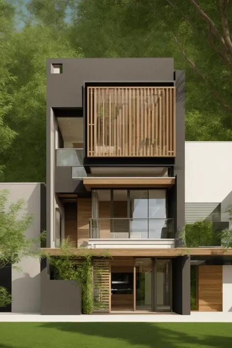 A modern street-facing house seamlessly integrates natural elements into its design. The architecture embodies an urban oasis concept, featuring a balcony adorned with lush greenery and a front yard that blends nature with the urban environment. Soft ambient lighting casts a warm and welcoming glow. Channeling the spirit of renowned architect Frank Lloyd Wright, this design showcases his signature organic architecture style. The medium for this artwork is an architectural blueprint rendered in high-definition 3D graphics, emphasizing every detail of the design. The color scheme primarily consists of earthy tones and various shades of green, enhancing the connection to nature